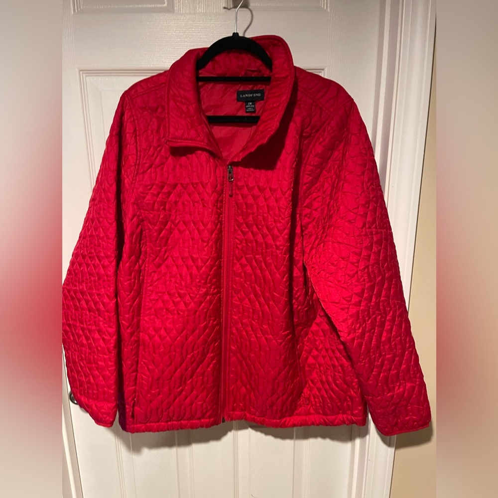 Lands' End Quilted Full Zip Lightweight Jacket Size 2X Red Mock Neck Long Sleeve